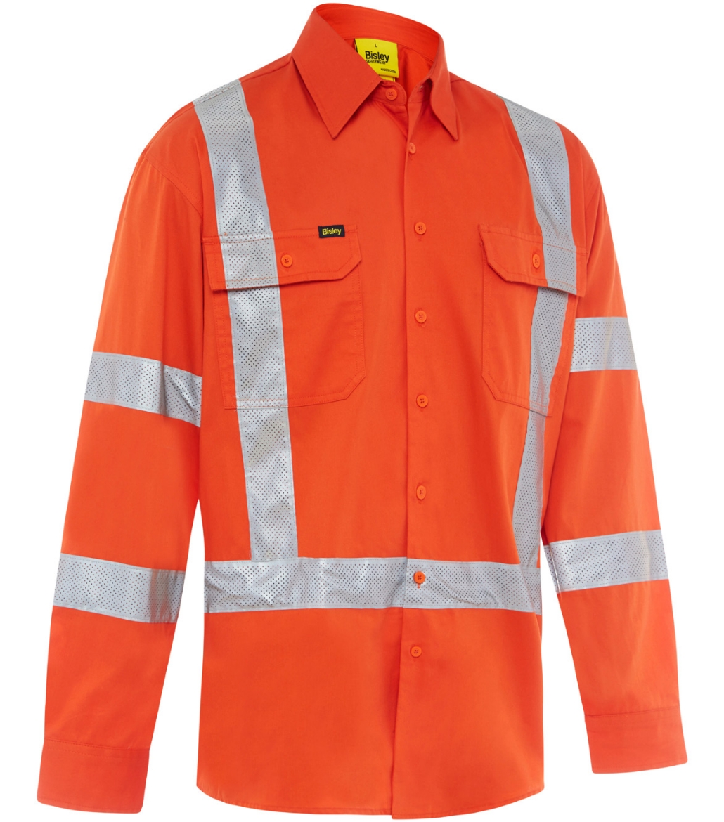 Picture of BISLEY Rail X Taped Hi Vis Drill Shirt 100% Cotton Drill W/ Biomotion Taping on Sleeves 155gsm L/S
