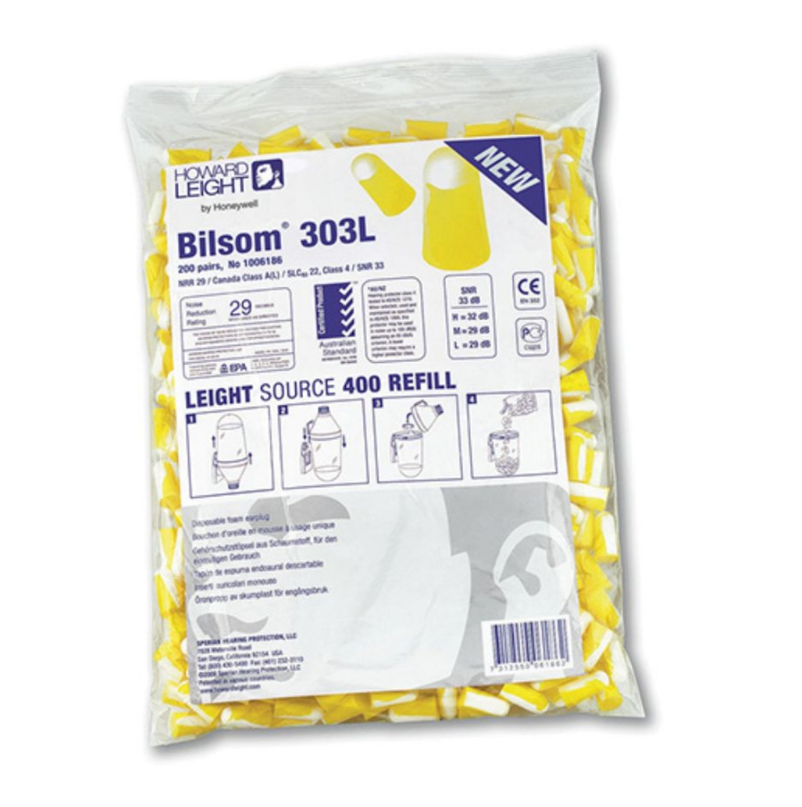 Picture of BILSOM 303L Large Disposable Earplugs Uncorded Bulk Polybag Bilsomat Refill 22dB Class4 Box/200