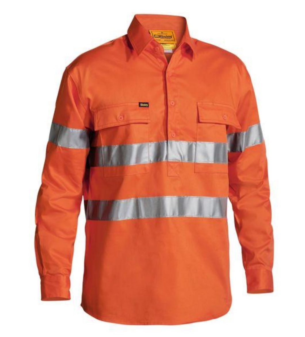 Picture of BISLEY Taped Hi Vis Orange Drill Shirt Closed Front 100% Cotton Preshrunk Drill 190gsm L/S