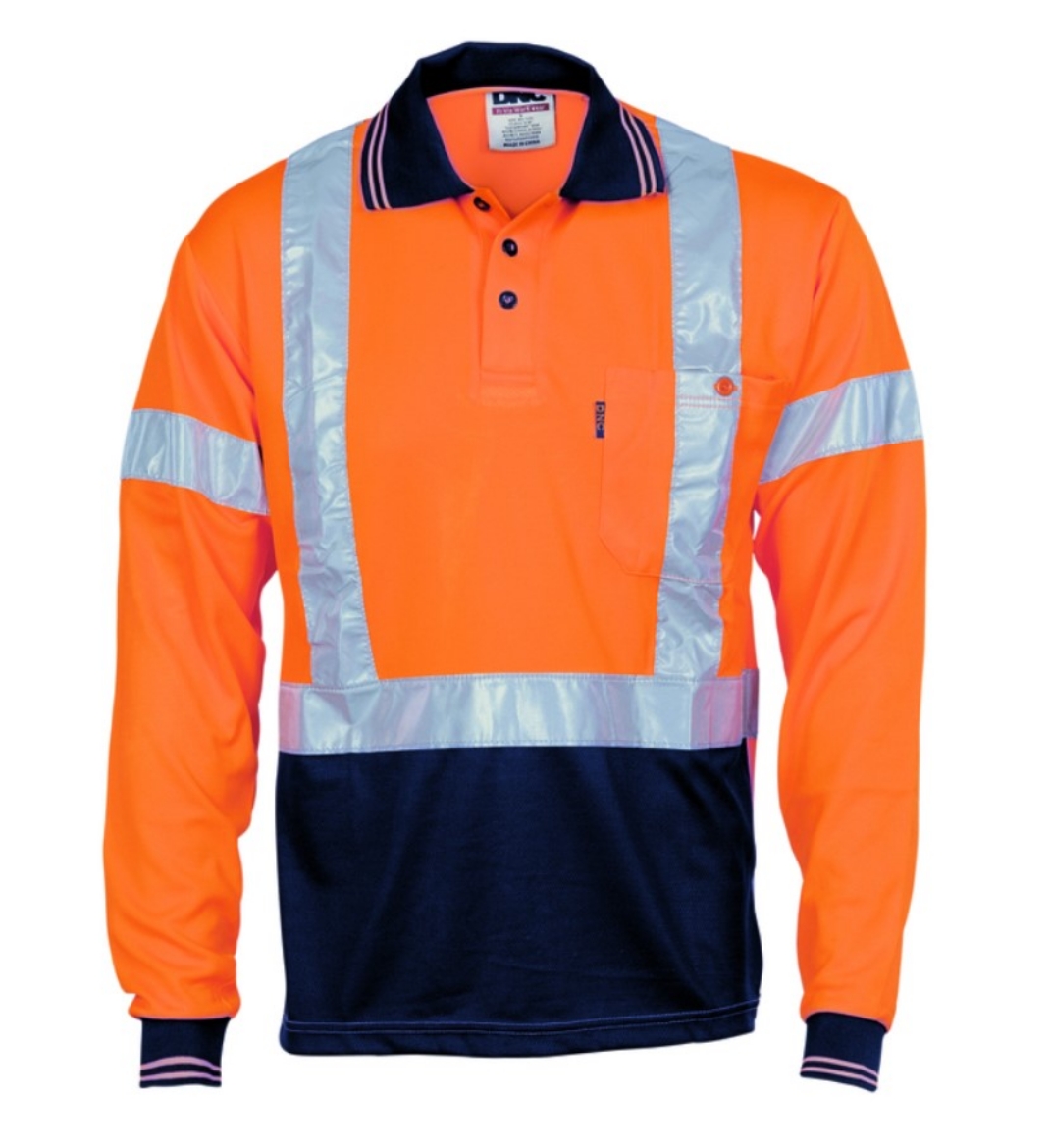 Picture of DNC HiVis Orange/Navy D/N Cool Breathe Polo Shirt with X Back & Additional R/Tape on Back 175gsm L/S