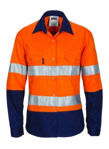 Picture of DNC Ladies HiVis Cool-Breeze 100% Cotton Shirt with CSR R/Tape 155gsm L/S