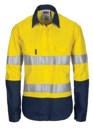 Picture of DNC Ladies HiVis Cool-Breeze 100% Cotton Shirt with CSR R/Tape 155gsm L/S