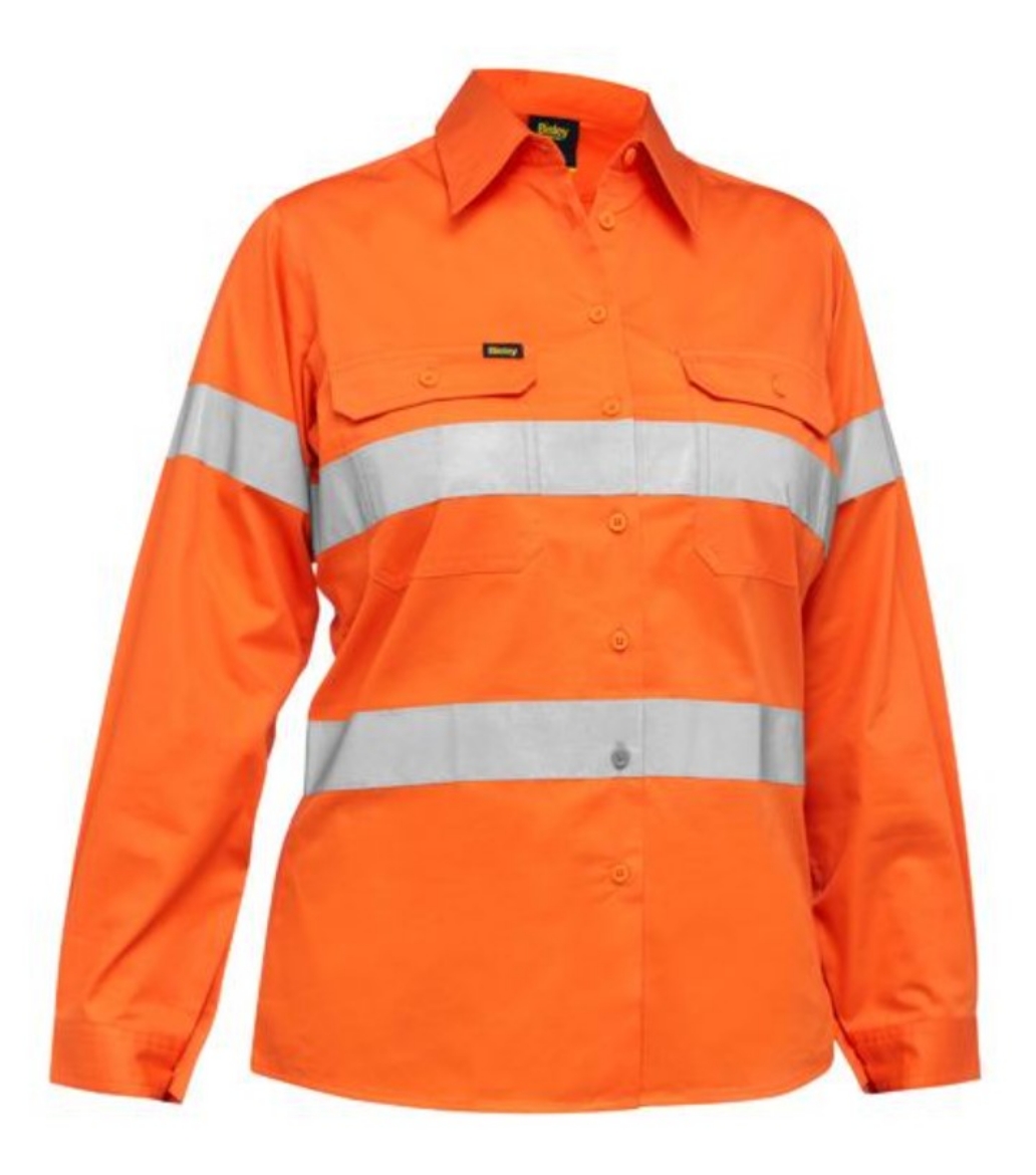 Picture of BISLEY Womens Taped Hi Vis Orange Cool Lightweight 100% Cotton Drill Shirt 155gsm L/S