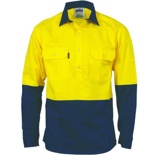 Picture of DNC Hi Vis 2 Tone Cool-Breeze Closed Front 100% Cotton Shirt 155gsm L/S