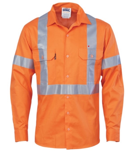 Picture of DNC Unisex Hi Vis Orange 100% Cotton NSW Rail Compliant Shirt with X Back CSR R/Tape 155gsm L/S