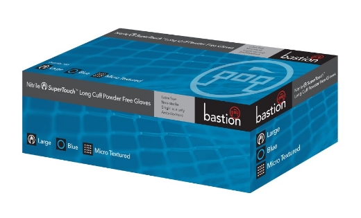 Picture of BASTION Nitrile SuperTouch™ Blue Long Cuff Powder Free Disposable Gloves Micro Textured