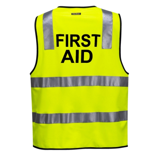 Picture of PORTWEST Hi Vis Vest with 3M Tape, Zipper Closure FIRST AID Printed in Black Centre on Back 100% Polyester 120gsm