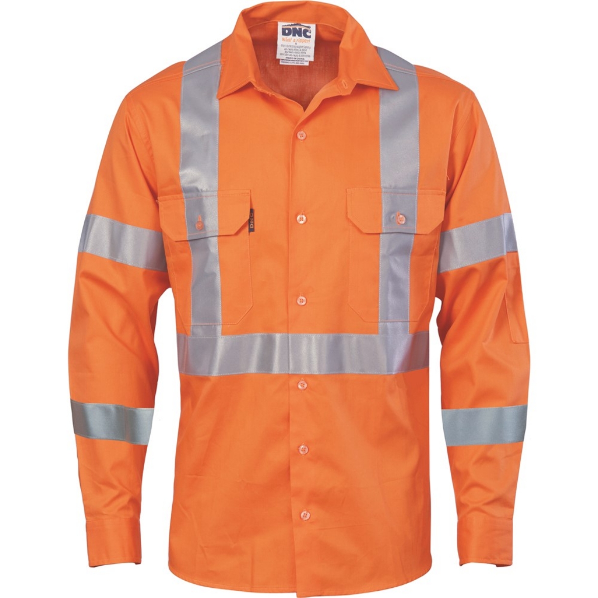 Picture of DNC HiVis Cool-Breeze 100% Cotton NSW Rail Compliant Shirt with Double Hoop on Arms & X Back CSR R/Tape 190gsm L/S