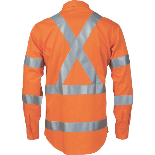 Picture of DNC HiVis Cool-Breeze 100% Cotton NSW Rail Compliant Shirt with Double Hoop on Arms & X Back CSR R/Tape 190gsm L/S
