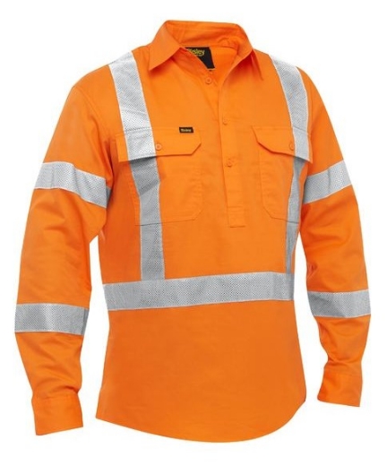Picture of BISLEY X Taped Closed Front Hi Vis Rail Orange Cool Lightweight Drill Shirt 100% Cotton Preshrunk Drill 155gsm L/S