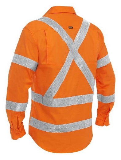 Picture of BISLEY X Taped Closed Front Hi Vis Rail Orange Cool Lightweight Drill Shirt 100% Cotton Preshrunk Drill 155gsm L/S