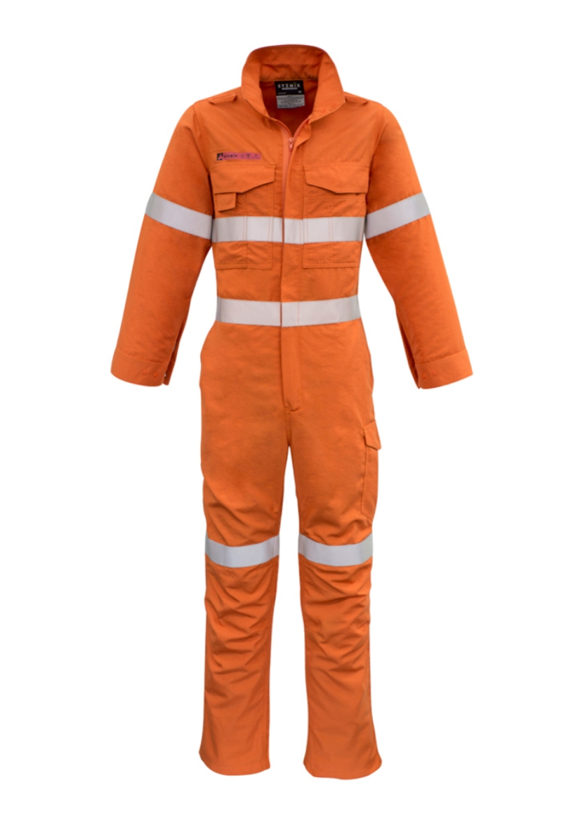 Picture of SYZMIK Hi Mens FR Hoop Taped Overall METATech® Fabric HRC1 >>ORANGE HI VIS<<