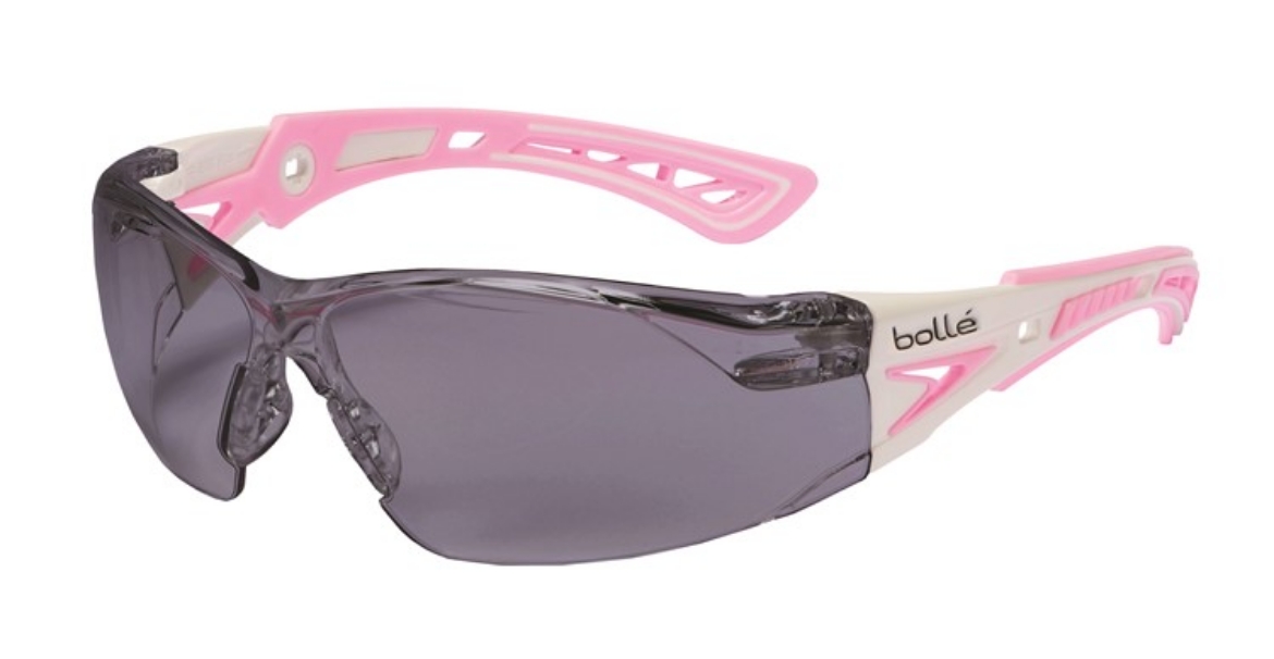 Picture of Bolle Rush + Small Pink & White Frame Smoke Lens Safety Glasses.