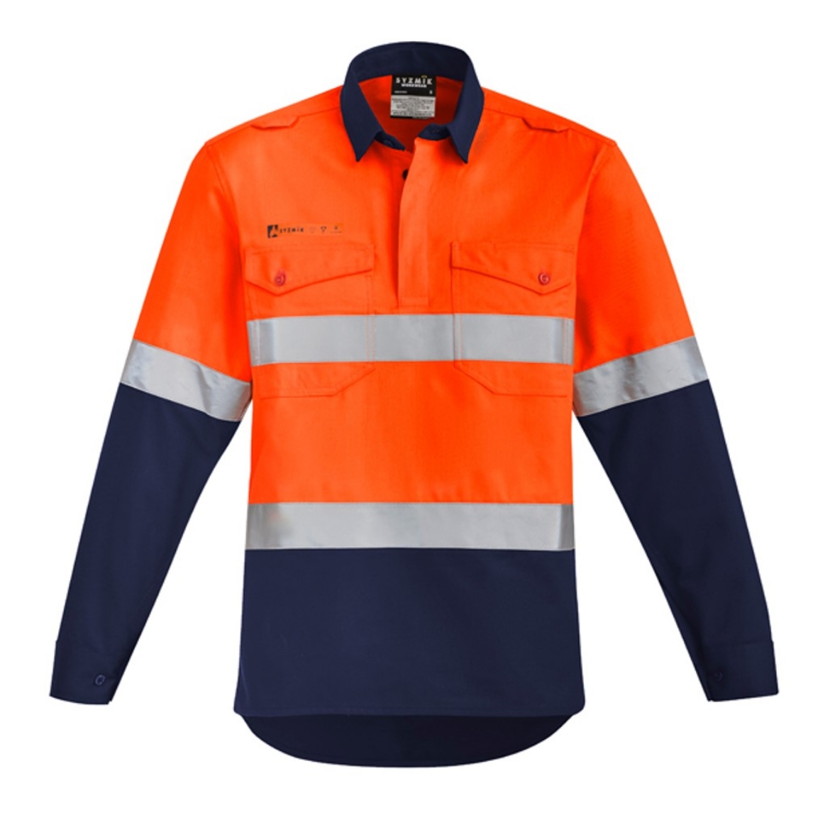Picture of SYZMIK Mens Orange Flame HRC2 Hoop Taped Closed Front Spliced Shirt 250gsm L/S