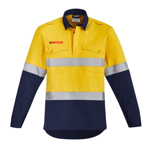 Picture of SYZMIK Mens Orange Flame HRC2 Hoop Taped Closed Front Spliced Shirt 250gsm L/S