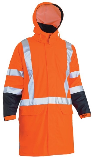 Picture of BISLEY X Taped Hi Vis Orange Navy TTMC Stretch PU Rain long Coat