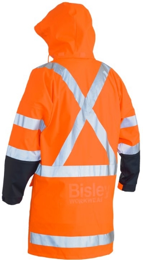 Picture of BISLEY X Taped Hi Vis Orange Navy TTMC Stretch PU Rain long Coat