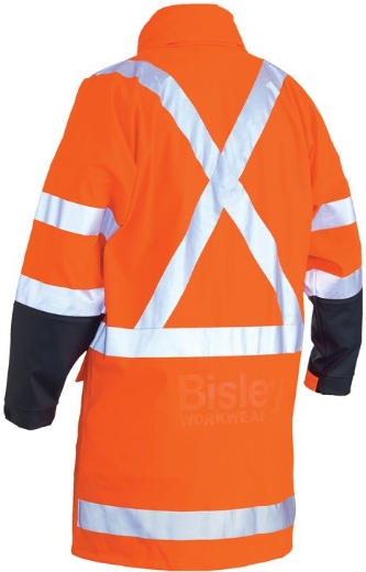 Picture of BISLEY X Taped Hi Vis Orange Navy TTMC Stretch PU Rain long Coat