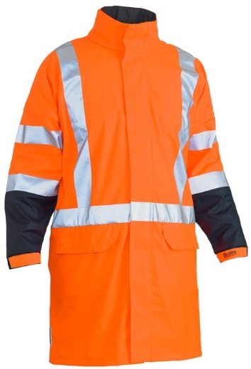 Picture of BISLEY X Taped Hi Vis Orange Navy TTMC Stretch PU Rain long Coat