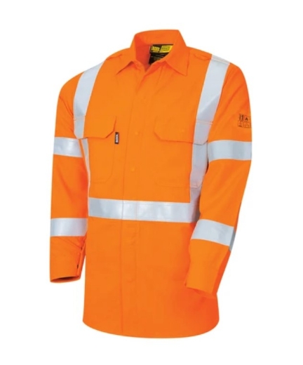 Picture of BOOL Parvotex® Hi Vis Orange HRC1 Inherent Fire Retardant Shirt with Loxy® FR Reflective Tape in Biomotion X-Pattern Design Nylon Stud Closure 155gsm L/S