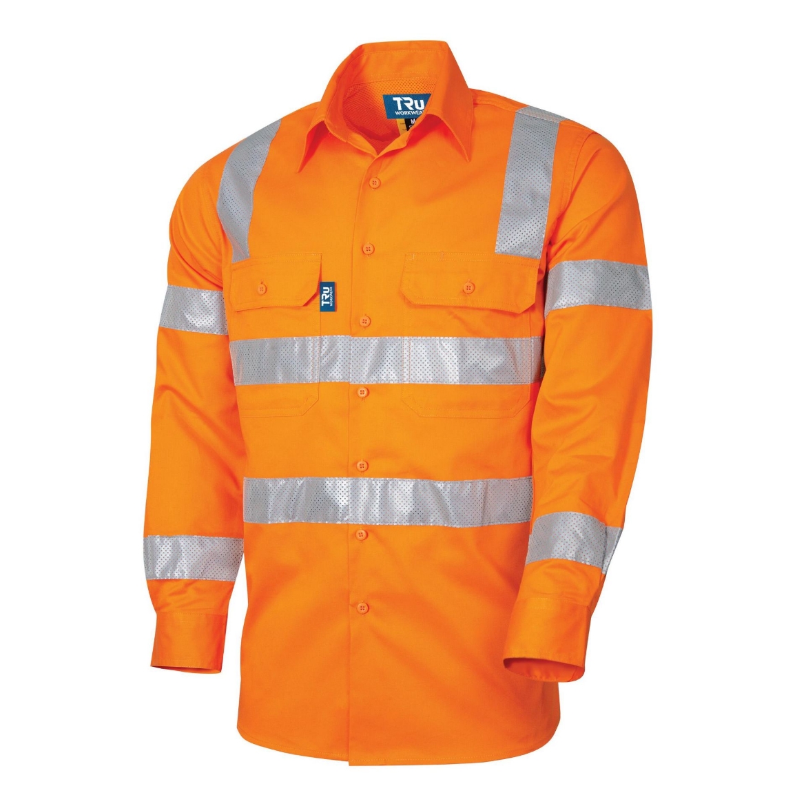 Picture of TRU WORKWEAR Lightweight Vented Hi Vis [ORANGE] 100% Cotton Drill Shirt with VIC Rail Compliant Reflective Tape and Horizontal Back Cooling Vents 160gsm L/S