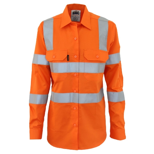 Picture of DNC Ladies HiVis Orange Lightweight 100% Cotton VIC Rail CSR Shirt 155gsm L/S