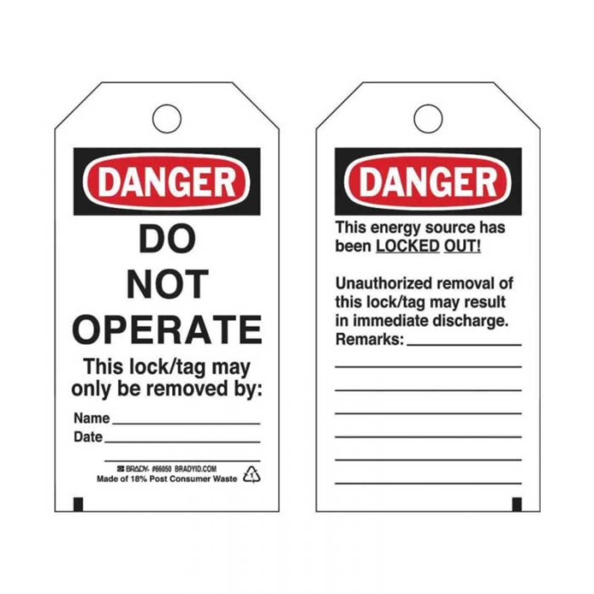Picture of BRADY Lockout Tag - Do Not Operate White/Red/Black (Reverse Side-Unauthorised Removal)
