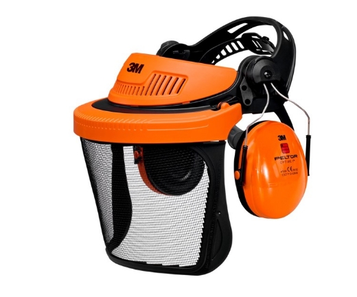 Picture of 3M™ Headgear Combo Forestry ORANGE Comes with Mesh Faceshield, 5C and Peltor Optime I Earmuffs (30mm Slot) > XA007703862