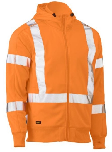 Picture of BISLEY X Taped Hi Vis Orange Zip Front Fleece NSW Rail Compliant Hoodie with Biomotion Taping 300gsm