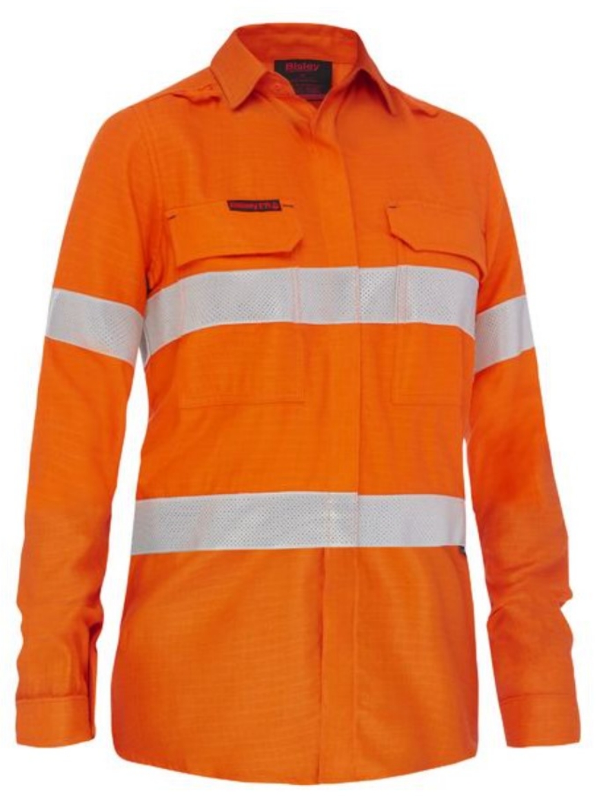Picture of BISLEY Apex 185 Women's Taped Hi Vis Orange FR Ripstop HRC2 Vented Shirt 185gsm L/S
