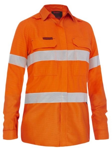 Picture of BISLEY Apex 185 Women's Taped Hi Vis Orange FR Ripstop HRC2 Vented Shirt 185gsm L/S