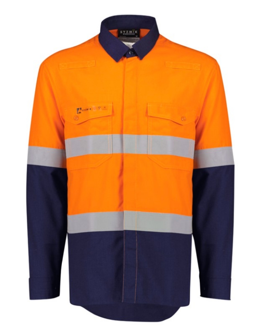 Picture of SYZMIK Mens Orange Flame Lightweight Ripstop Spliced HRC2 Shirt Hoop Taped 165gsm L/S