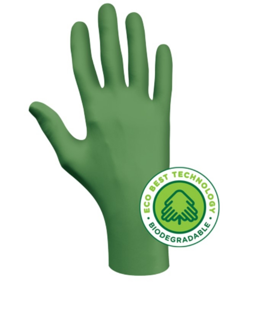 Picture of SHOWA 100% Biodegradable Single Use Nitrile Glove with EBT Technology Powder Free AQL 1.5 240mm Green 0.10mm