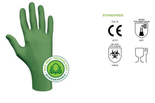 Picture of SHOWA 100% Biodegradable Single Use Nitrile Glove with EBT Technology Powder Free AQL 1.5 240mm Green 0.10mm
