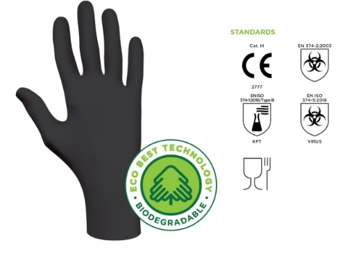 Picture of SHOWA 100% Biodegradable Single Use Nitrile Glove with EBT Technology Powder Free AQL 1.5 240mm Black 0.10mm