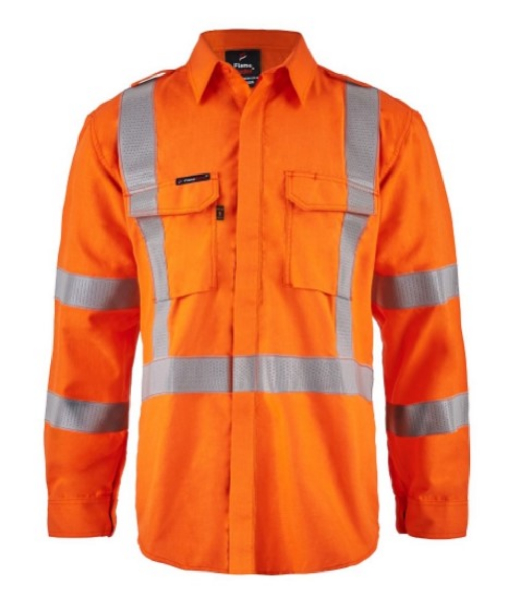 Picture of FLAMEBUSTER Mens HRC2 Hi Vis Orange Open Front Shirt with Gusset Sleeves X Pattern FR Reflective Tape 195gsm L/S