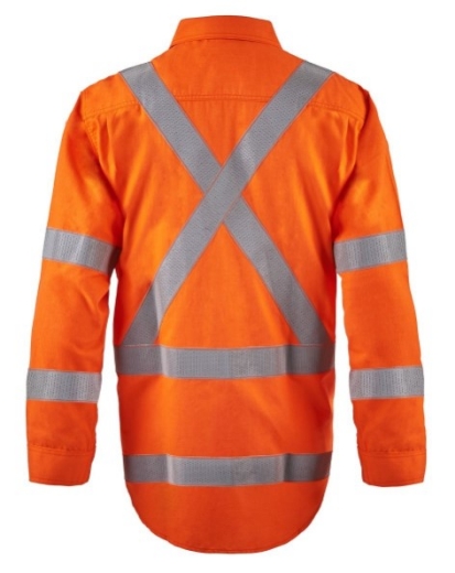 Picture of FLAMEBUSTER Mens HRC2 Hi Vis Orange Open Front Shirt with Gusset Sleeves X Pattern FR Reflective Tape 195gsm L/S