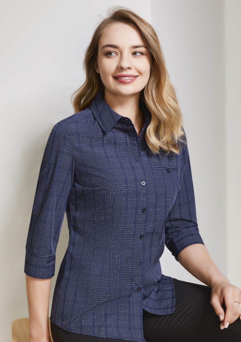 Picture of Biz Collection Ladies Harper ¾ Sleeve Shirt Prince Of Wales check Fabric 65% Cotton 35% Polyester