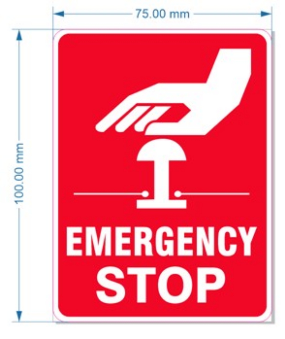 Picture of CUSTOM SIGN - EMERGENCY STOP - VINYL DECAL STICKER - 10cm high x 7.5cm wide x 12 PACK