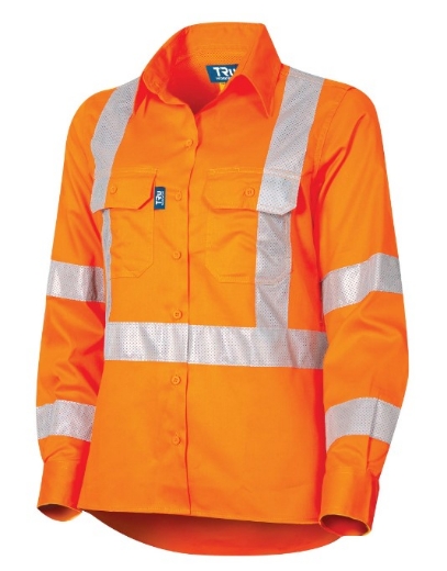 Picture of TRU WORKWEAR Ladies NSW Rail Lightweight Vented Hi Vis Orange Drill Shirt with Reflective Tape 160gsm L/S