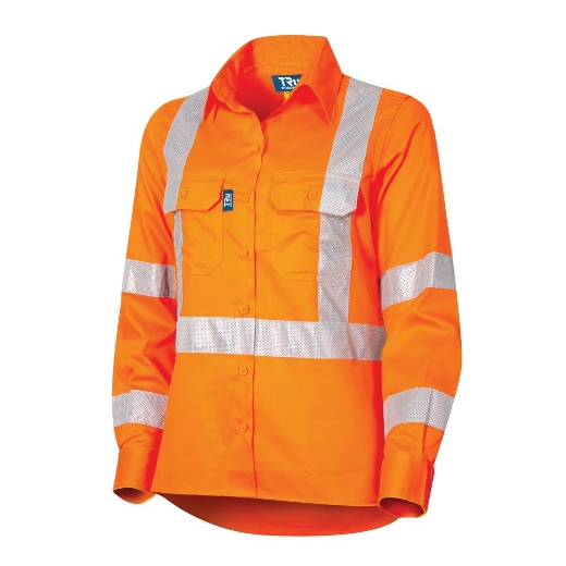 Picture of TRU WORKWEAR Ladies Lightweight Vented Hi Vis SP Orange Drill Shirt with Reflective Tape NSW Rail Compliant 160gsm L/S
