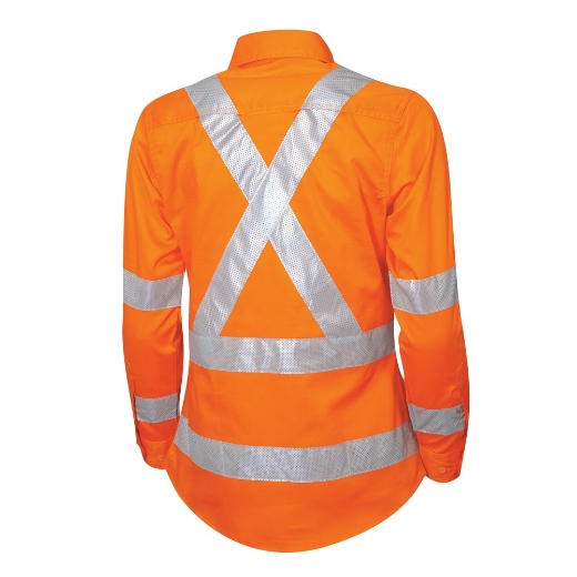 Picture of TRU WORKWEAR Ladies Lightweight Vented Hi Vis SP Orange Drill Shirt with Reflective Tape NSW Rail Compliant 160gsm L/S
