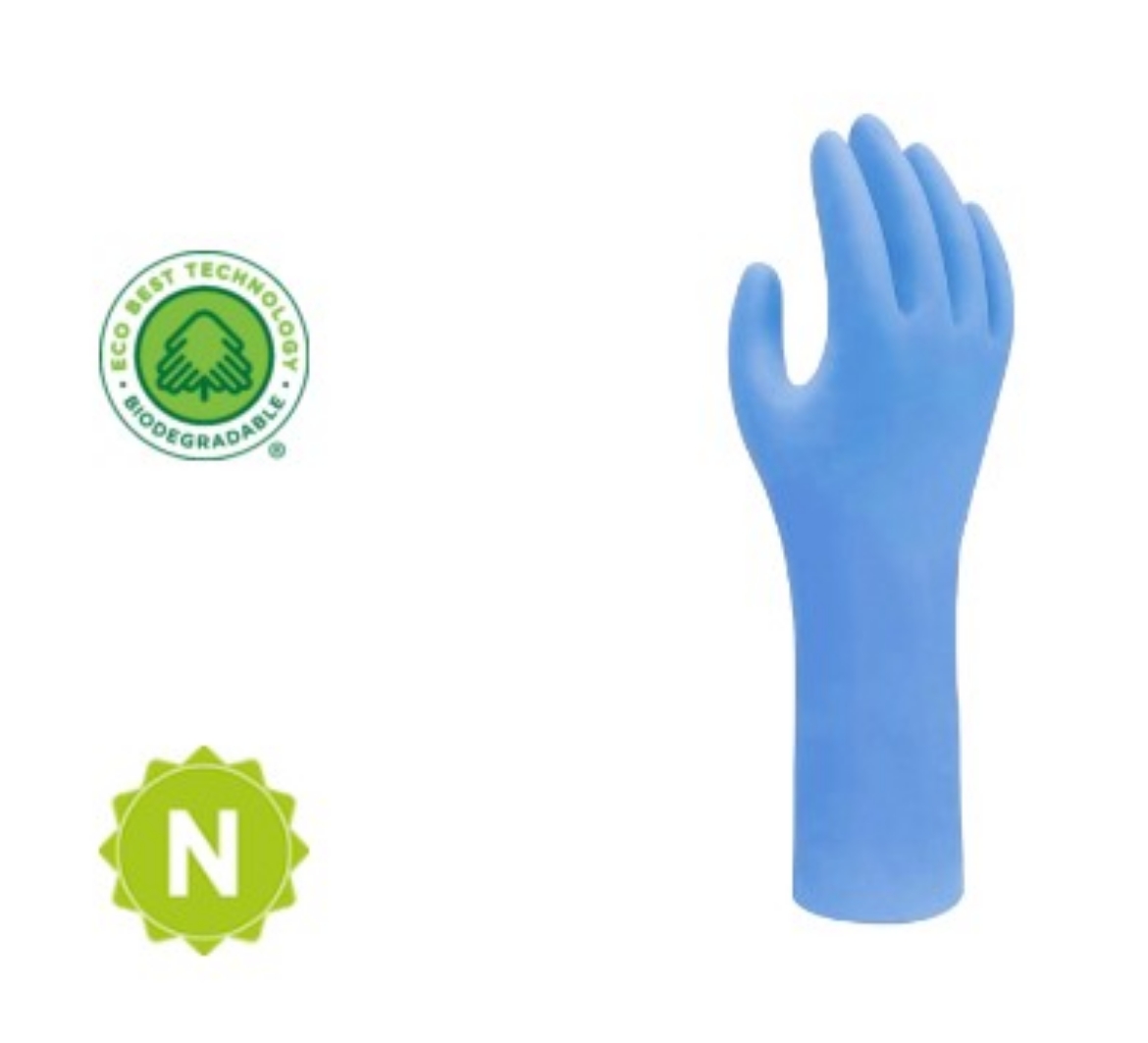 Picture of SHOWA 100% Biodegradable Single Use Nitrile Glove with EBT Technology Powder Free AQL 0.65 300mm Blue 0.10mm
