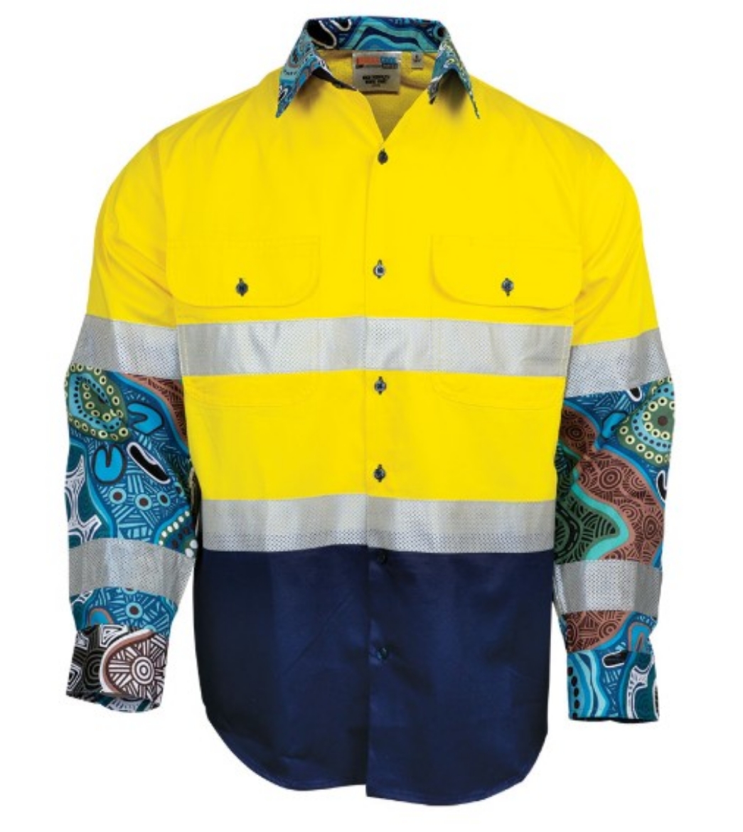 Picture of MAXCOOL Indigenous Yarning Circles 100% Cotton Yellow/Navy VortexTwo-Tone Art Shirt 155gsm