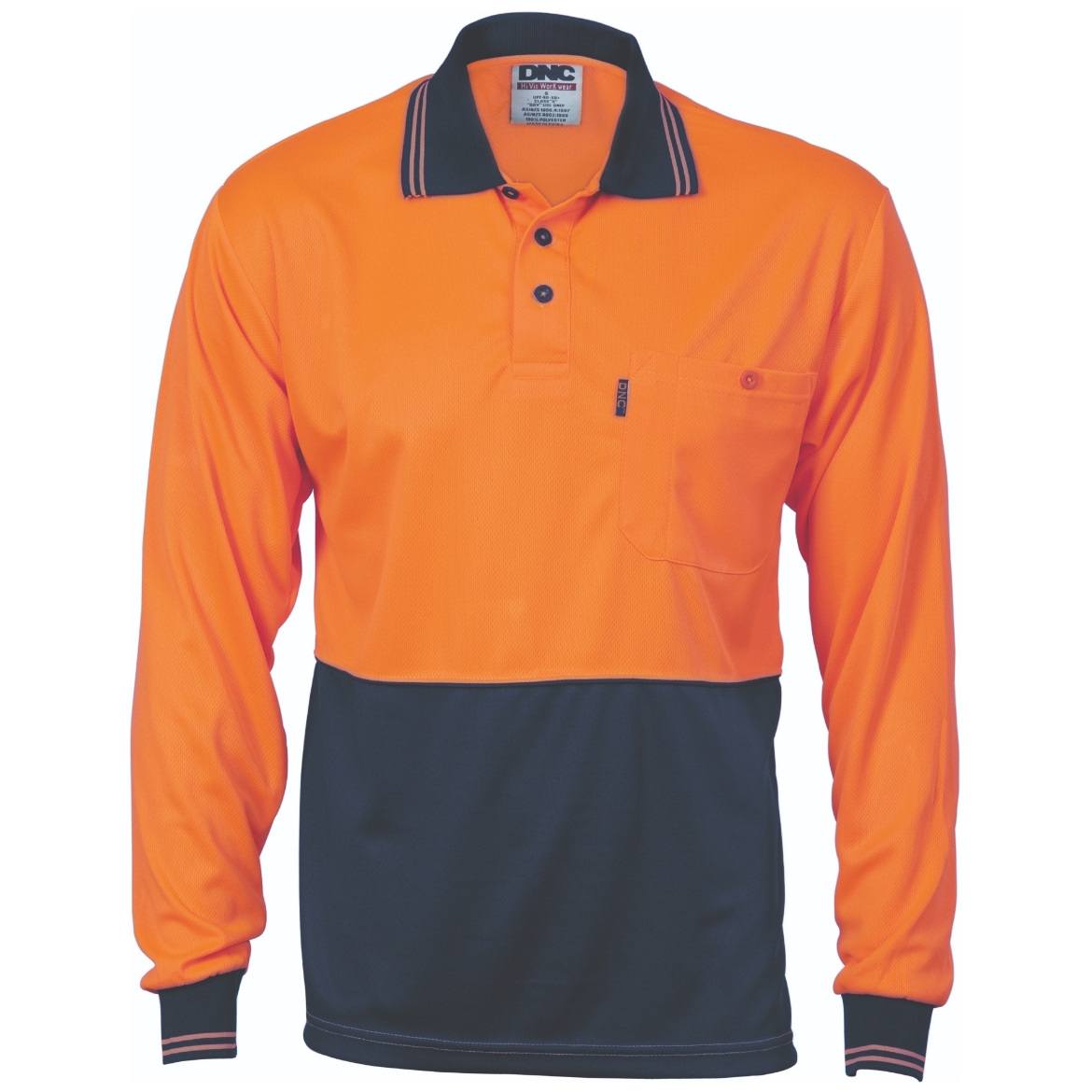 Picture of DNC Hi Vis Two Tone Cool Breathe Polo Shirt 175gsm L/S ORANGE/NAVY