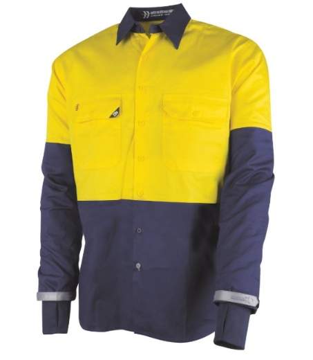 Picture of TRU WORKWEAR Lightweight Vented Hi-Vis Yellow/Navy Drill Shirt with Graphex® Cut Resistant Sleeve 160gsm L/S